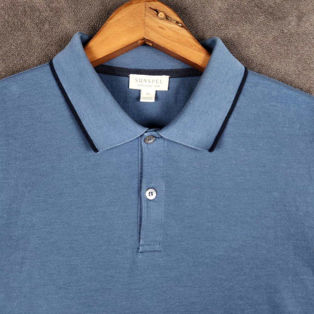 Sunspel Pique Polo Shirt Mens XL Blue Short Sleeve Contrast Tipped Collar Cotton